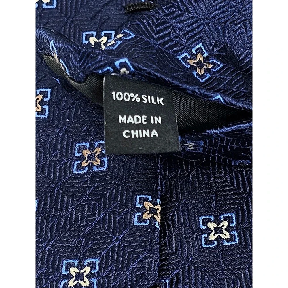 PAUL FREDRICK Navy Blue Tan Geometric Silk Tie Classic Business Formal